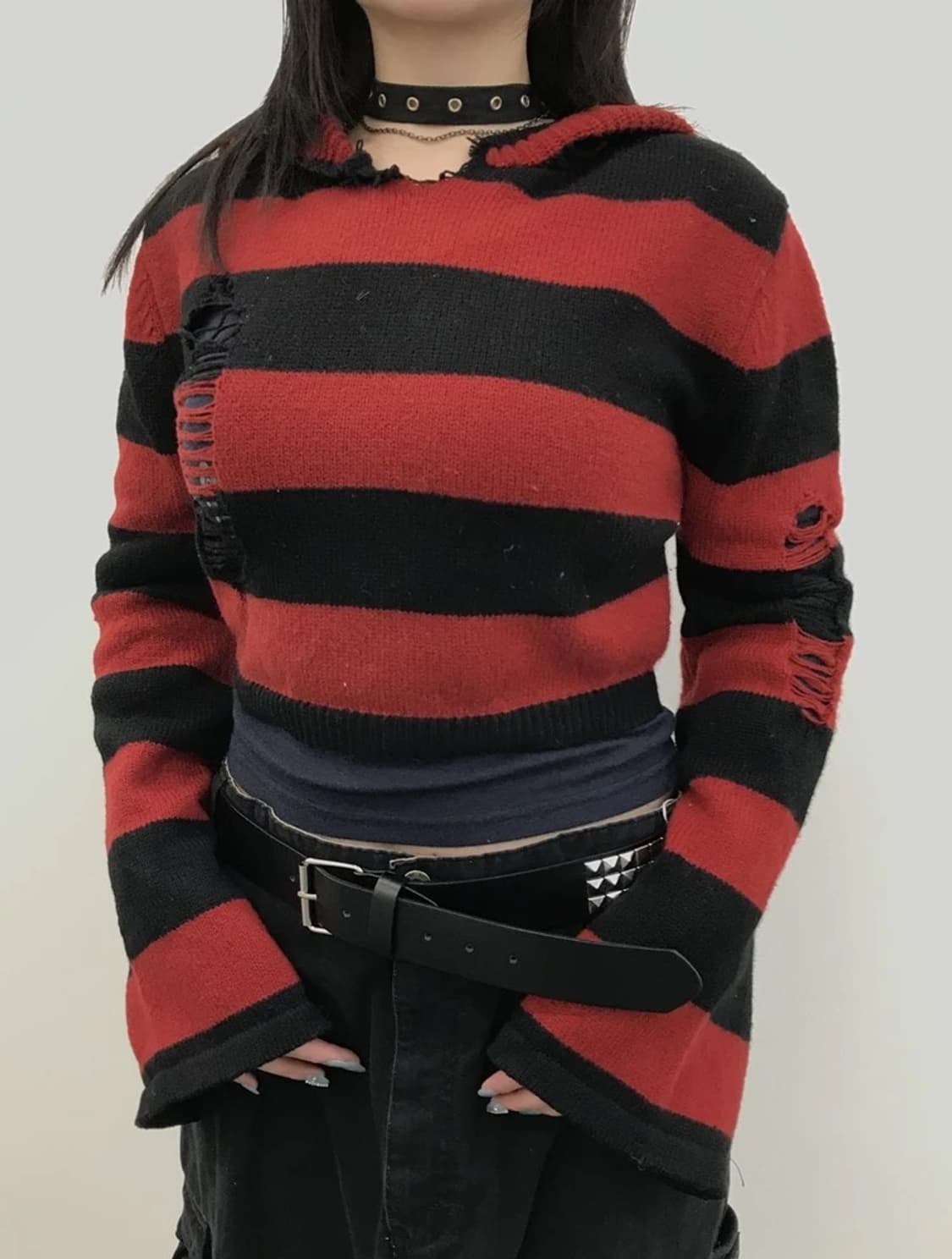 Red Black Punk Crop Hoodie 상품이미지2