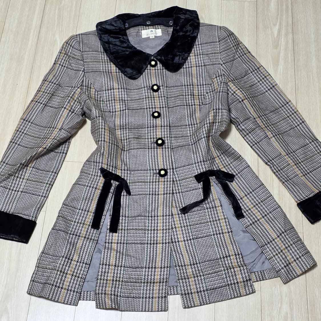 일본빈티지)히메라떼갸루st 체크벨벳 리본 트임 로맨틱 엑팜깔 코트 상품이미지1