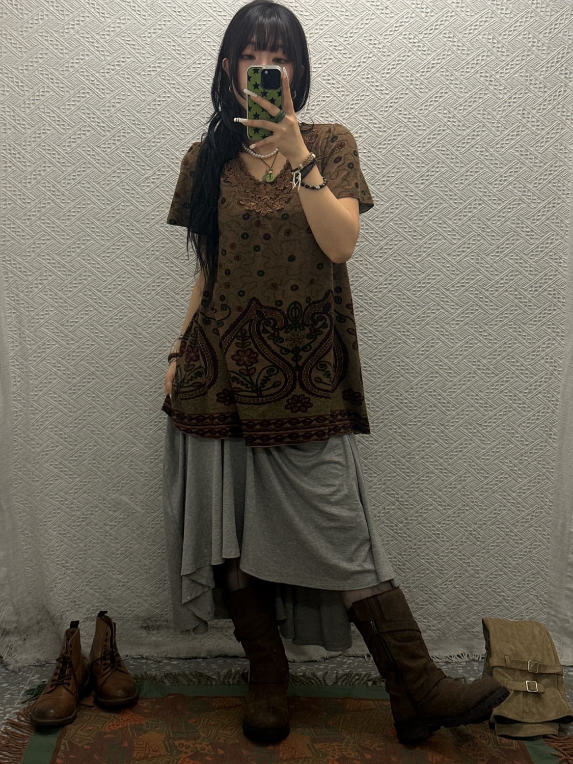 빈티지 오리엔탈 히피 갸루 레이스 단추패턴 반팔티 K0087 상품이미지2