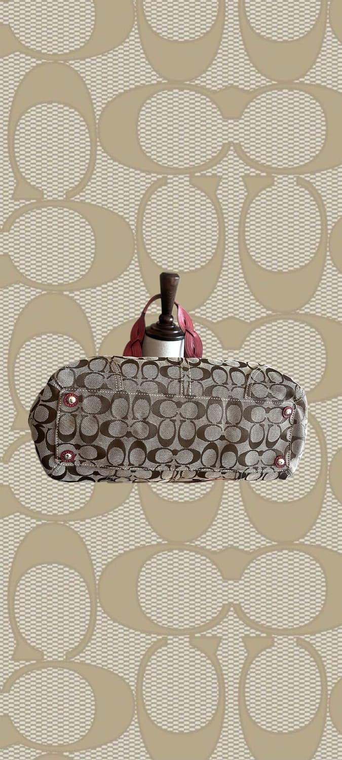 90s coach 코치 자카드 브라운 캔버스 레드 레더 호보 숄더백 상품이미지5