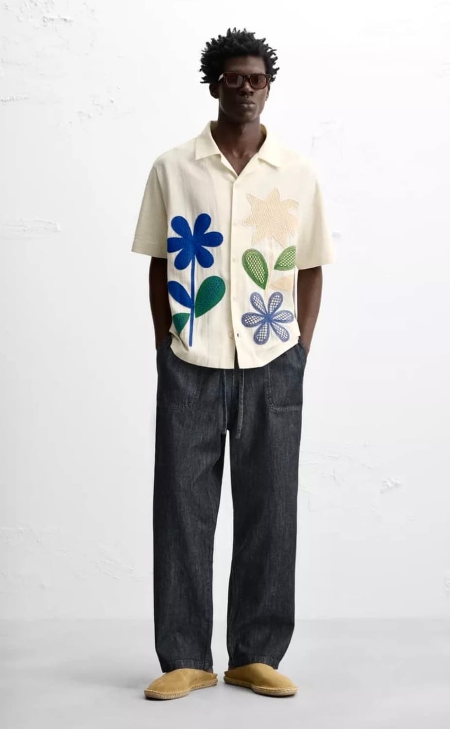 (L/103)ZARA 자라 리넨 플라워 패치 자수 오픈카라셔츠 상품이미지10