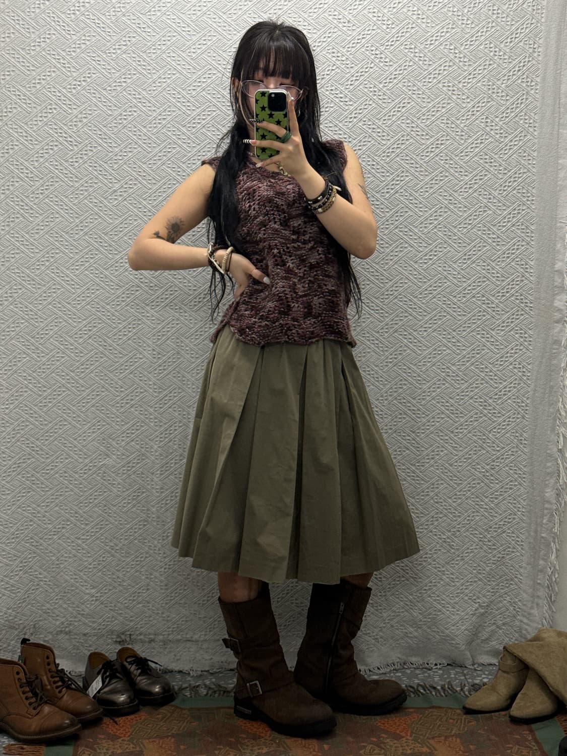 빈티지 캐주얼 코지 페미닌 말차카키 플리츠 밴딩 미디스커트 K0049 상품이미지2