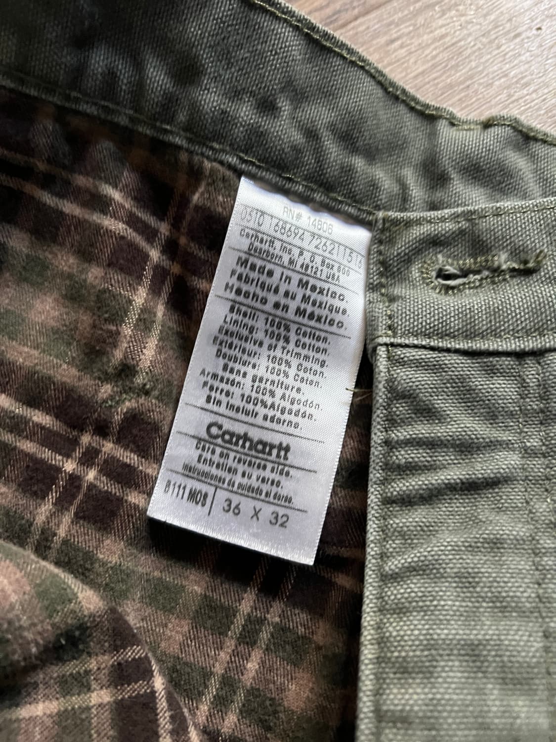 [36]칼하트 USA 체크 라이닝 모스그린 카펜터 워크 팬츠 M11 상품이미지4