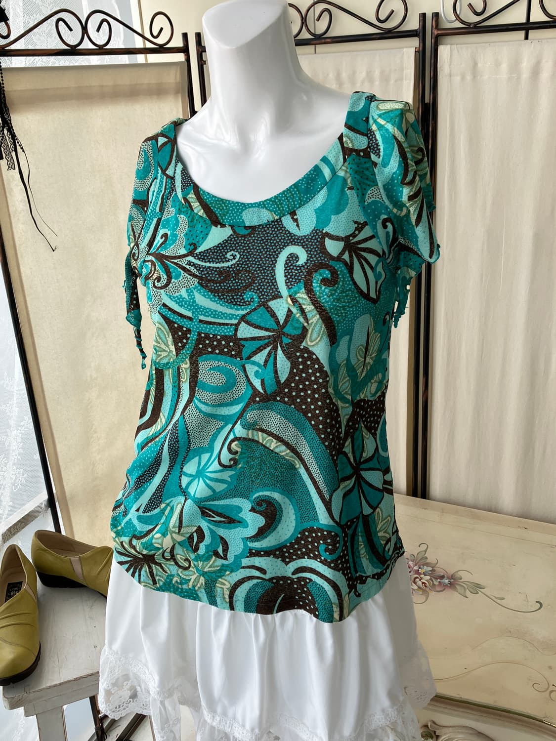 teal oriental frill blouse 상품이미지1