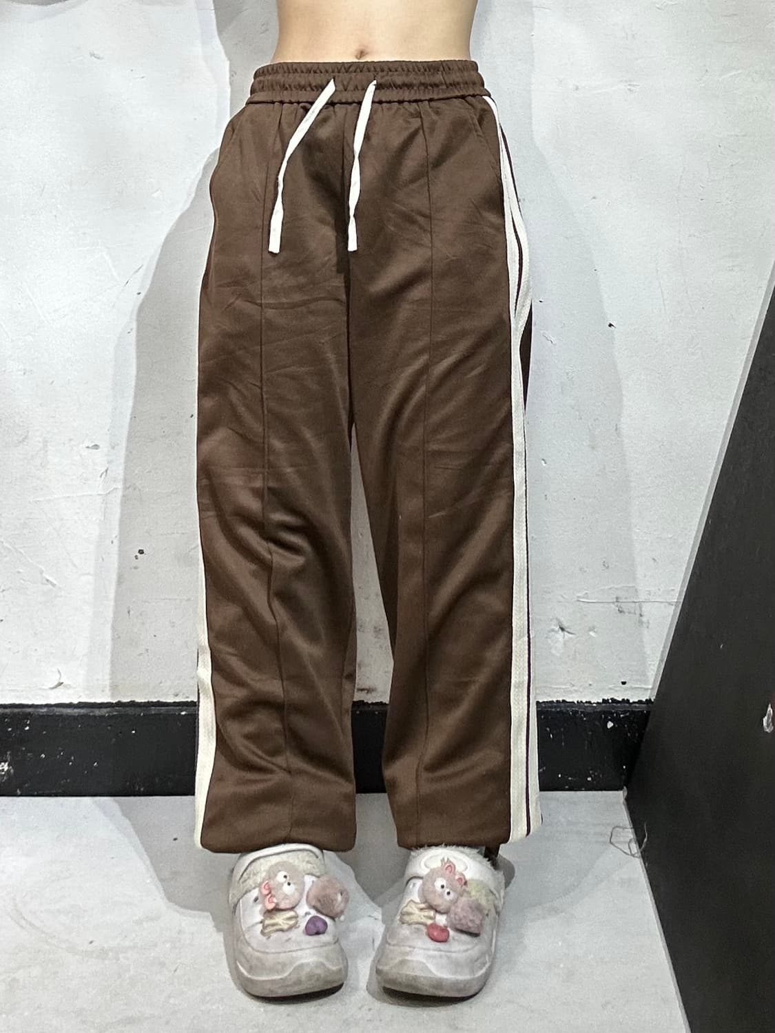 일본 빈티지 와이드 브라운 사이드 라인 추리닝 바지 트레이닝 팬츠 L 상품이미지2