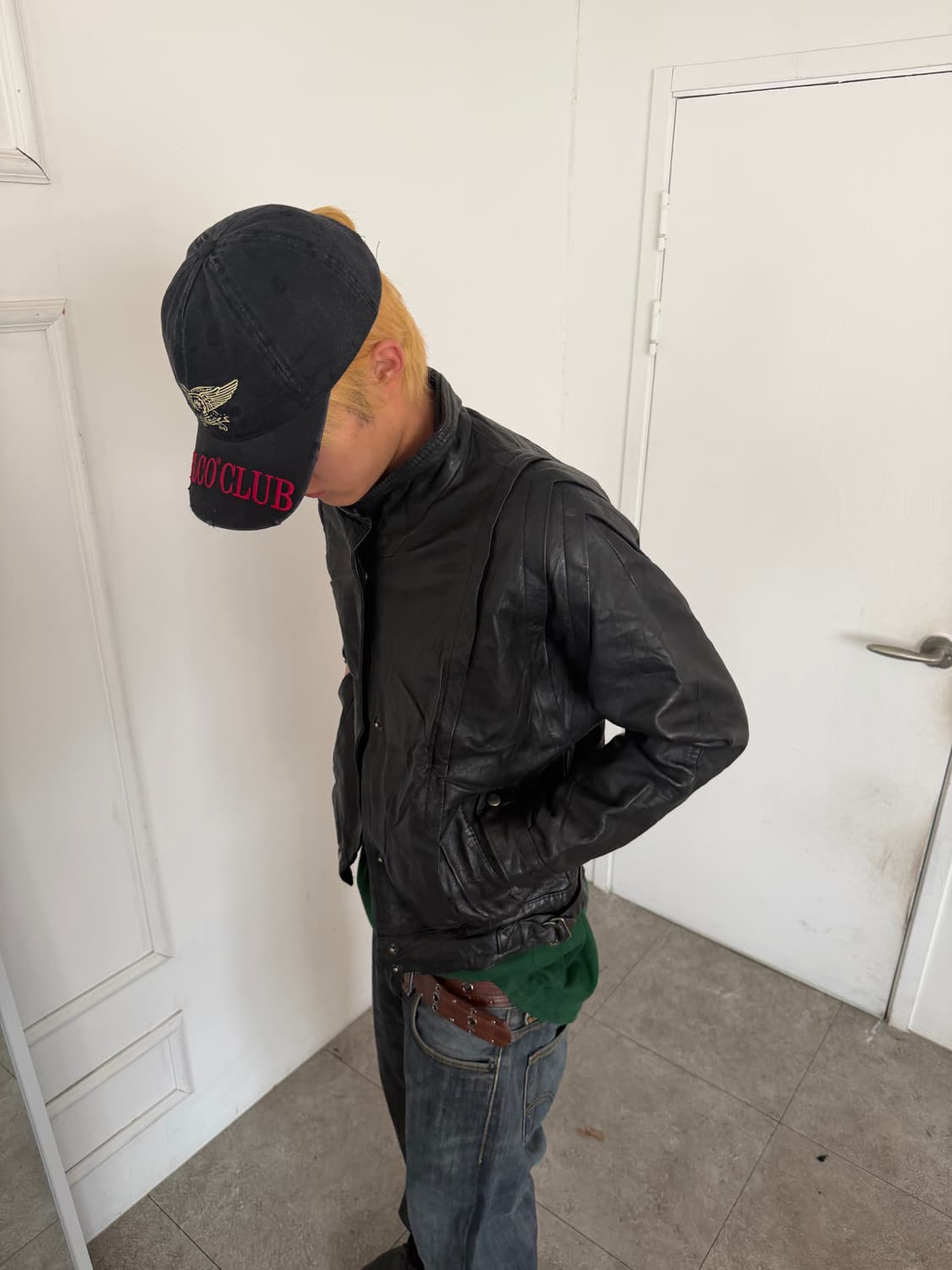 하이넥 버튼 포인트 블루종 레더 자켓 상품이미지6