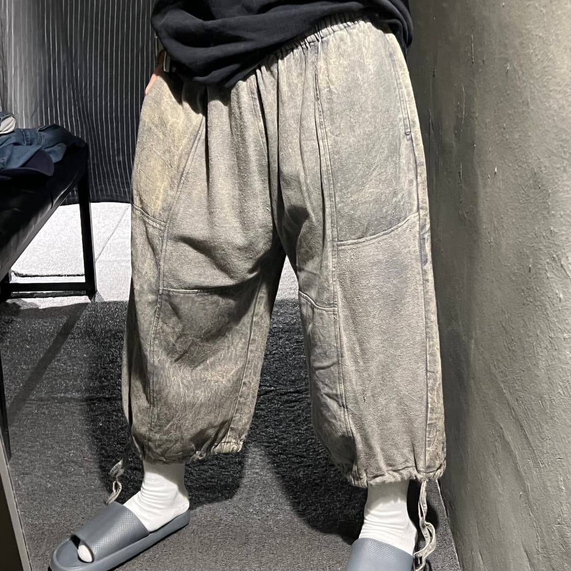빈티지 그레이 워싱 절개 빅포켓 그런지 밴딩 코튼 8부 면바지 벌룬팬츠 상품이미지2