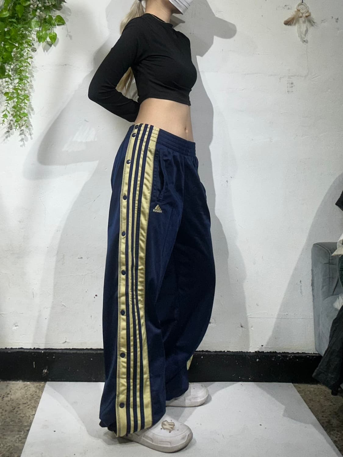 아디다스 네이비 사이드 버튼 스냅 단추 와이드 추리닝 팬츠 댄스 바지 S 상품이미지1