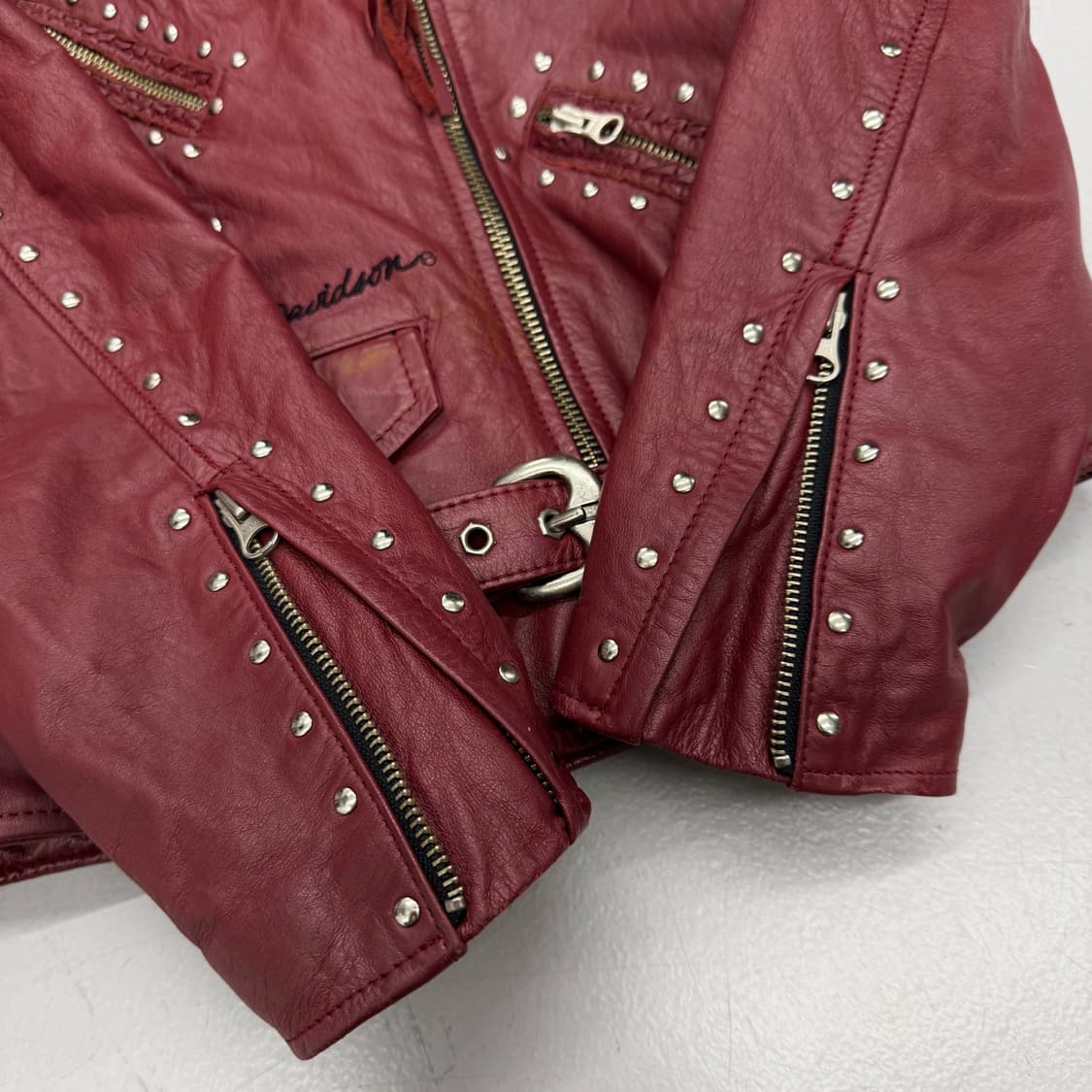 할리데이비슨 리얼레더 버건디 스터드 바이커 자켓 상품이미지6