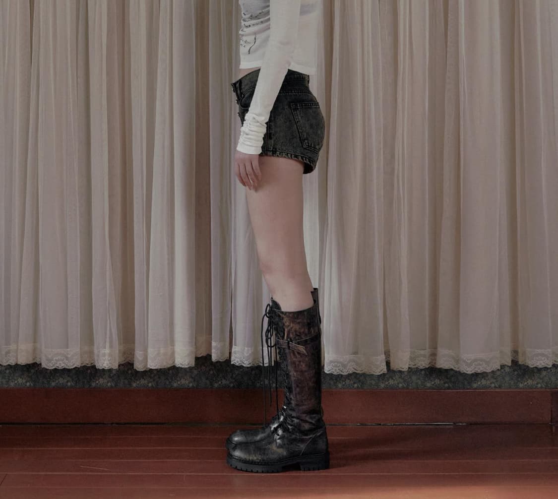 보헤미안서울 버튼 플라이 데님 쇼츠 딥 카키 상품이미지4