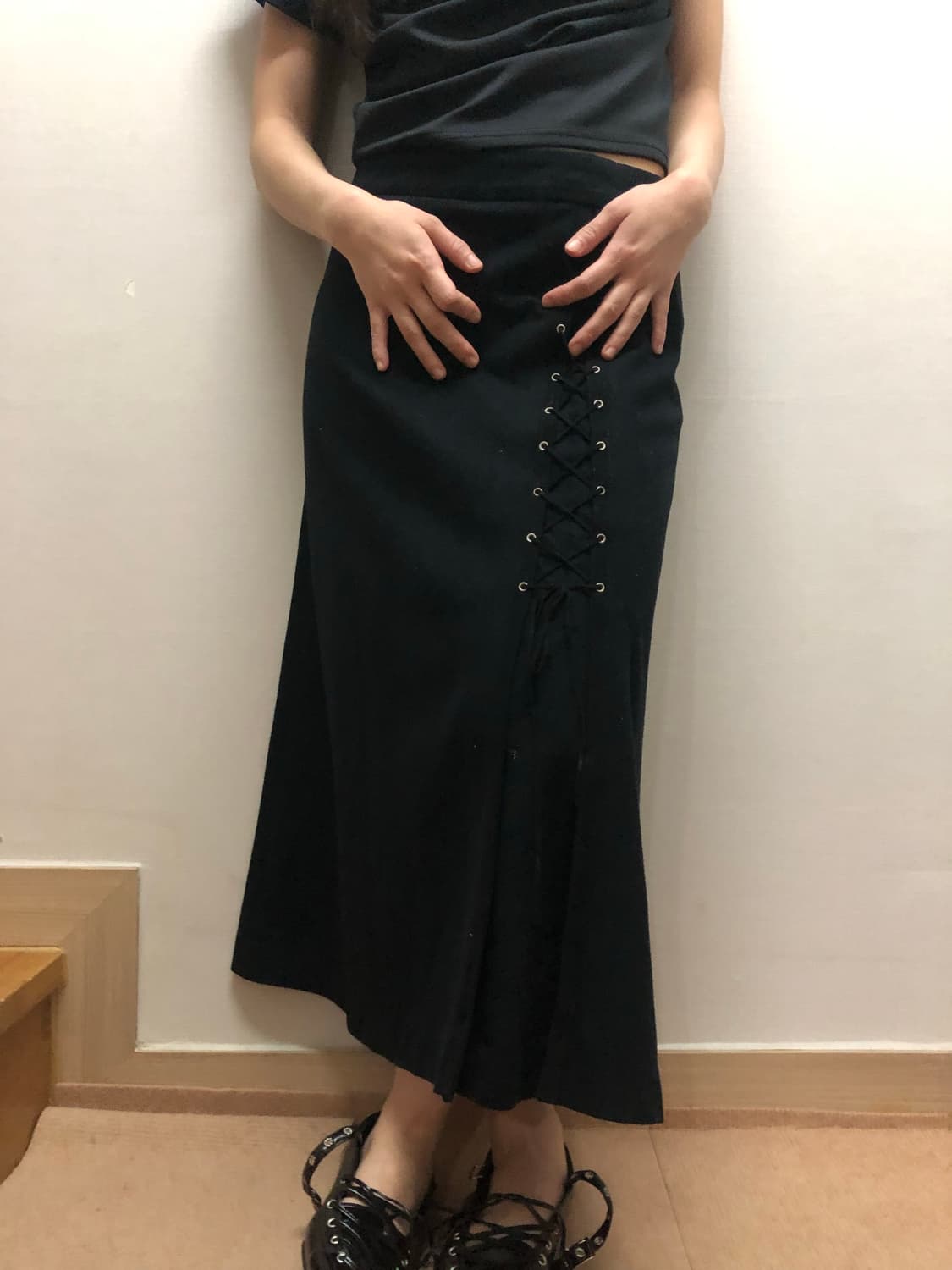 빈티지 블랙 아일렛 울 롱 스커트 상품이미지2