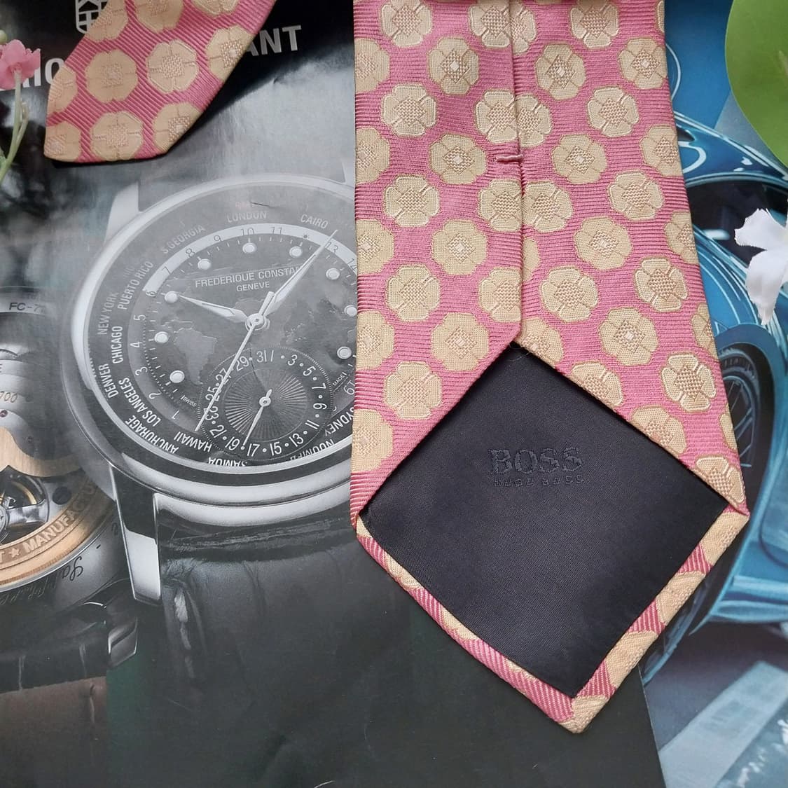 휴고보스 실크 핑크 플로럴 기하 패턴 넥타이 9.1cm A등급 K1653 상품이미지7