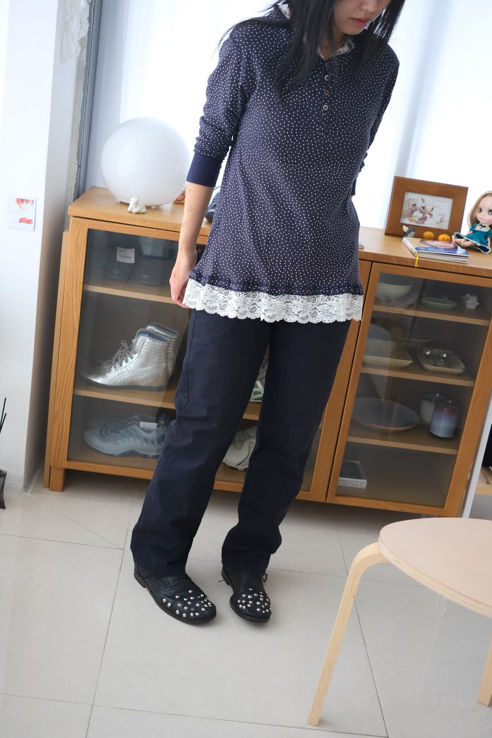 Lace & dot layered sleeve top 상품이미지5