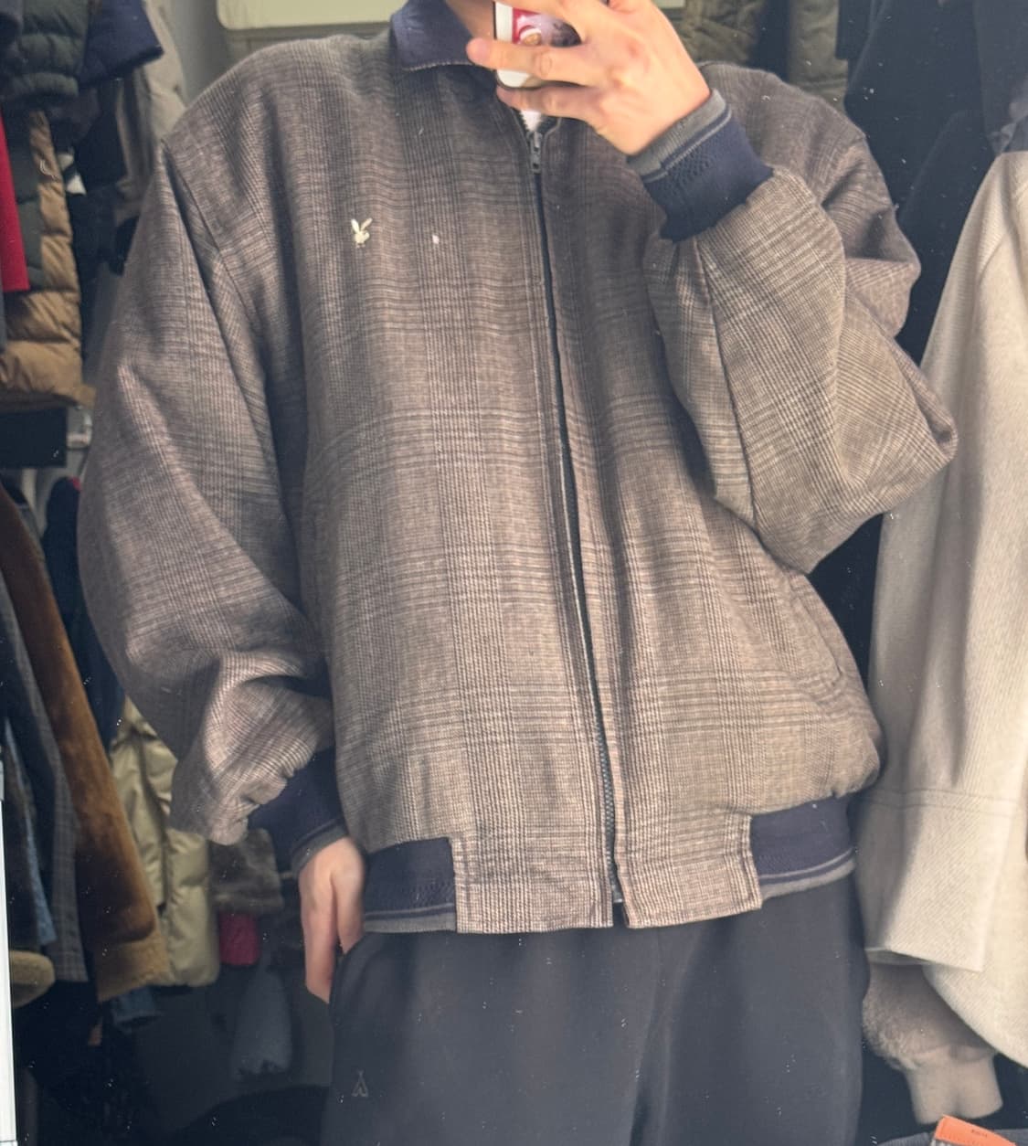 플레이보이 빈티지 체크 블루종 봄버 자켓 XL 상품이미지2