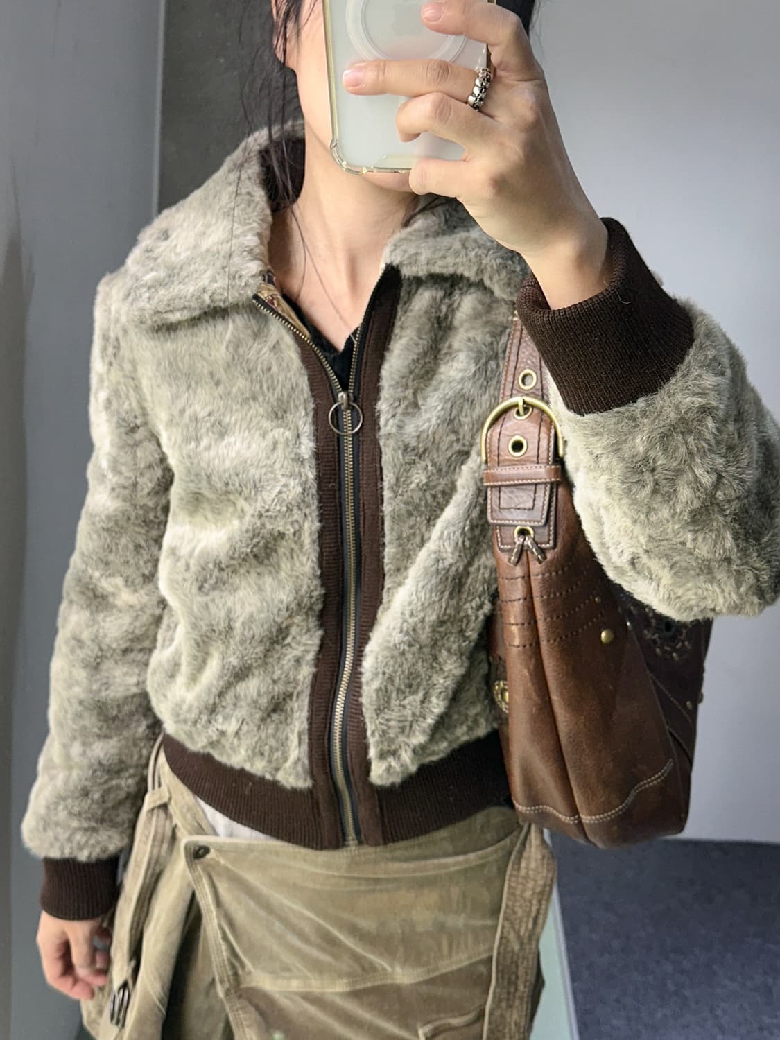 ash brown fur zip collar jacket 상품이미지1