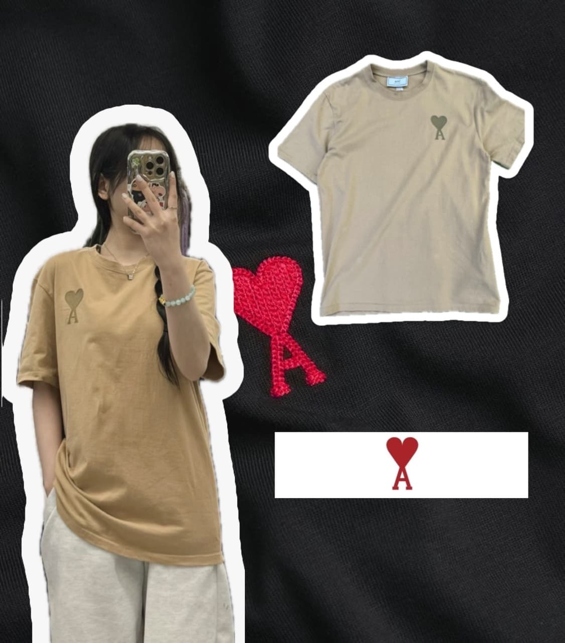 아미 베이지 자수로고 반팔 티셔츠 상품이미지1