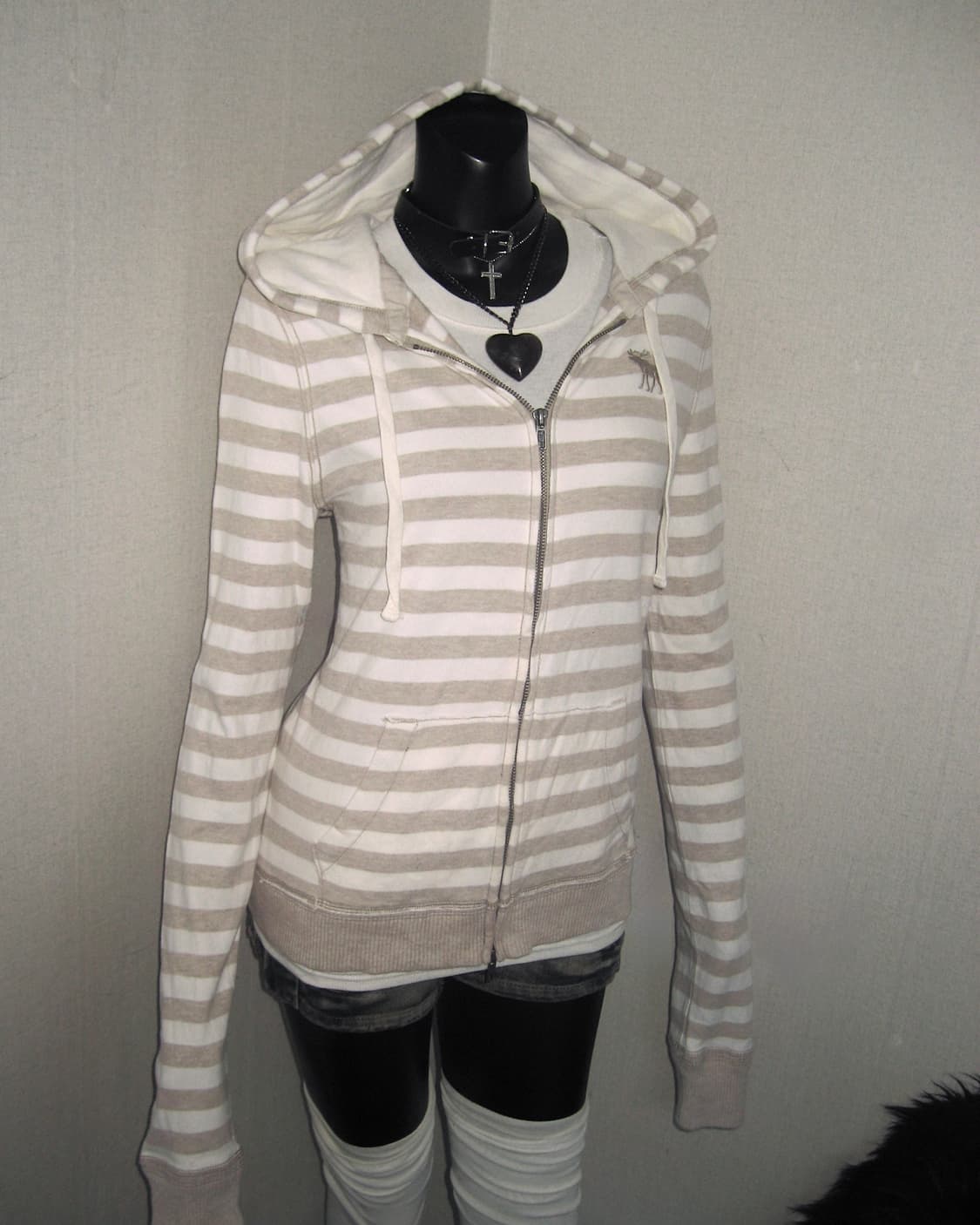 아베크롬비 밀크티 베이지 스트라이프 투지퍼 후드집업 y2k 상품이미지5