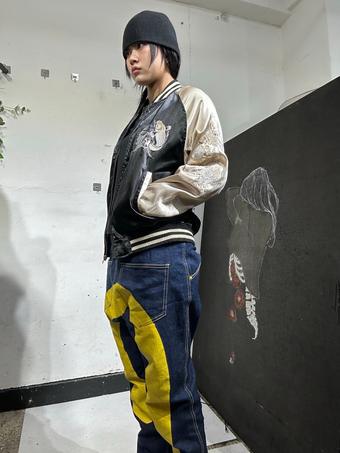 일본빈티지 일심여경 블랙 골드 잉어 용머리 스카잔 M 상품이미지4