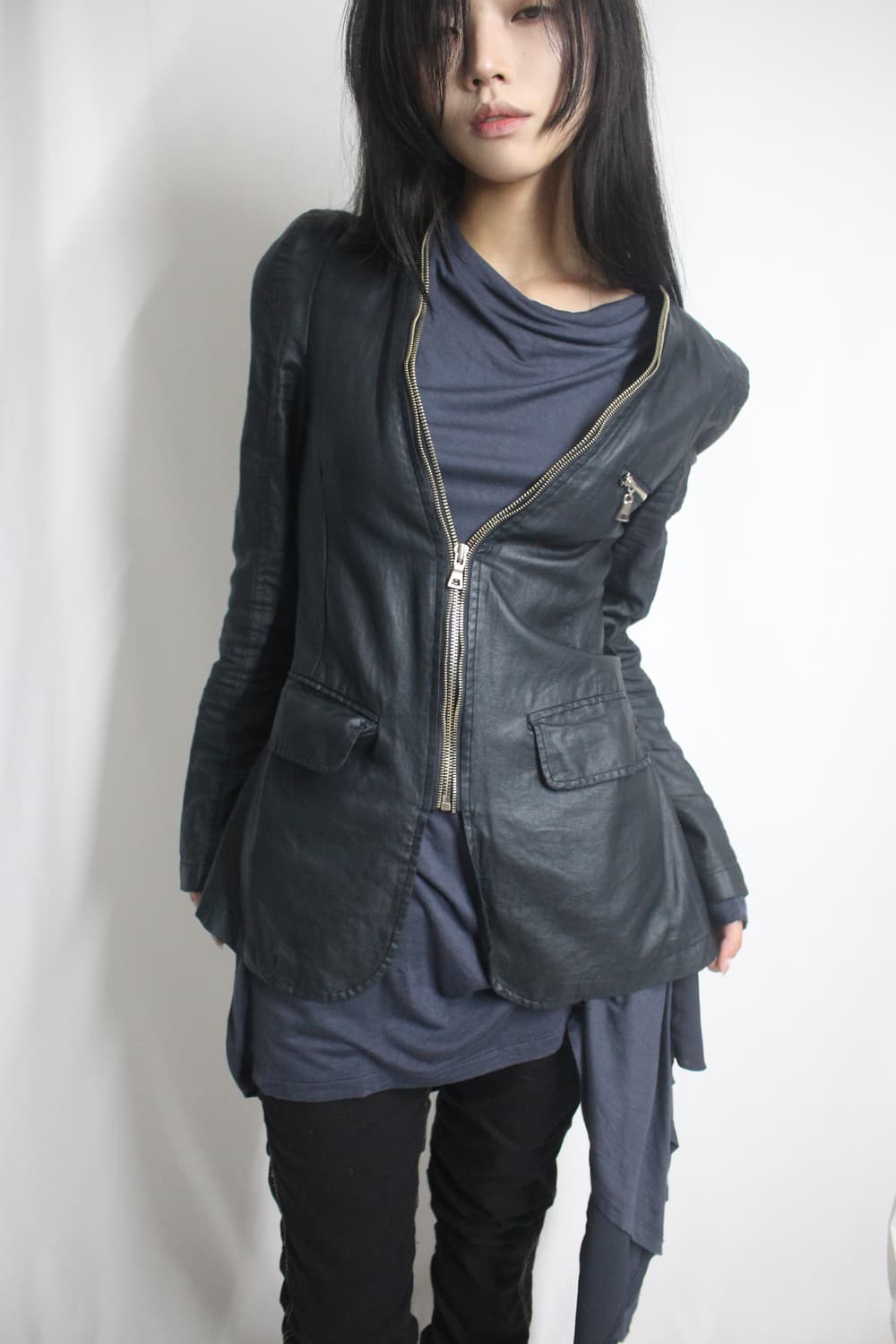 Navy leather skin zip collar puff jacket 상품이미지9