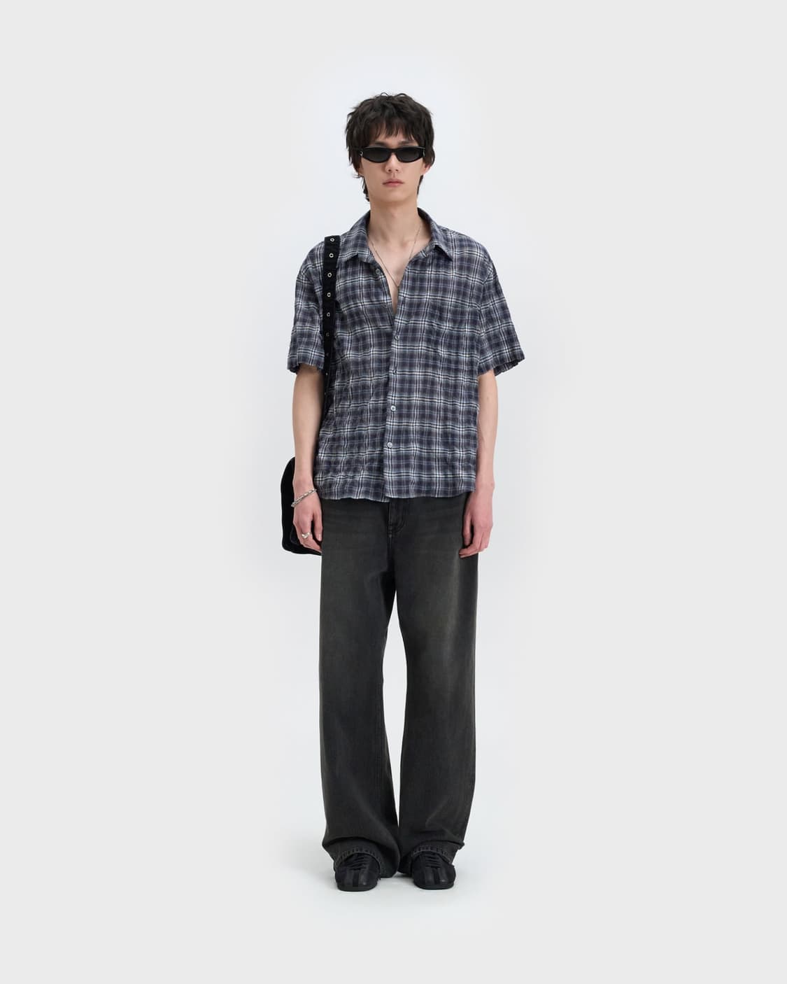 (새상품) 벨리에 치코 숏 슬리브 셔츠 - 블루 윈도우 패인 4사이즈 상품이미지3