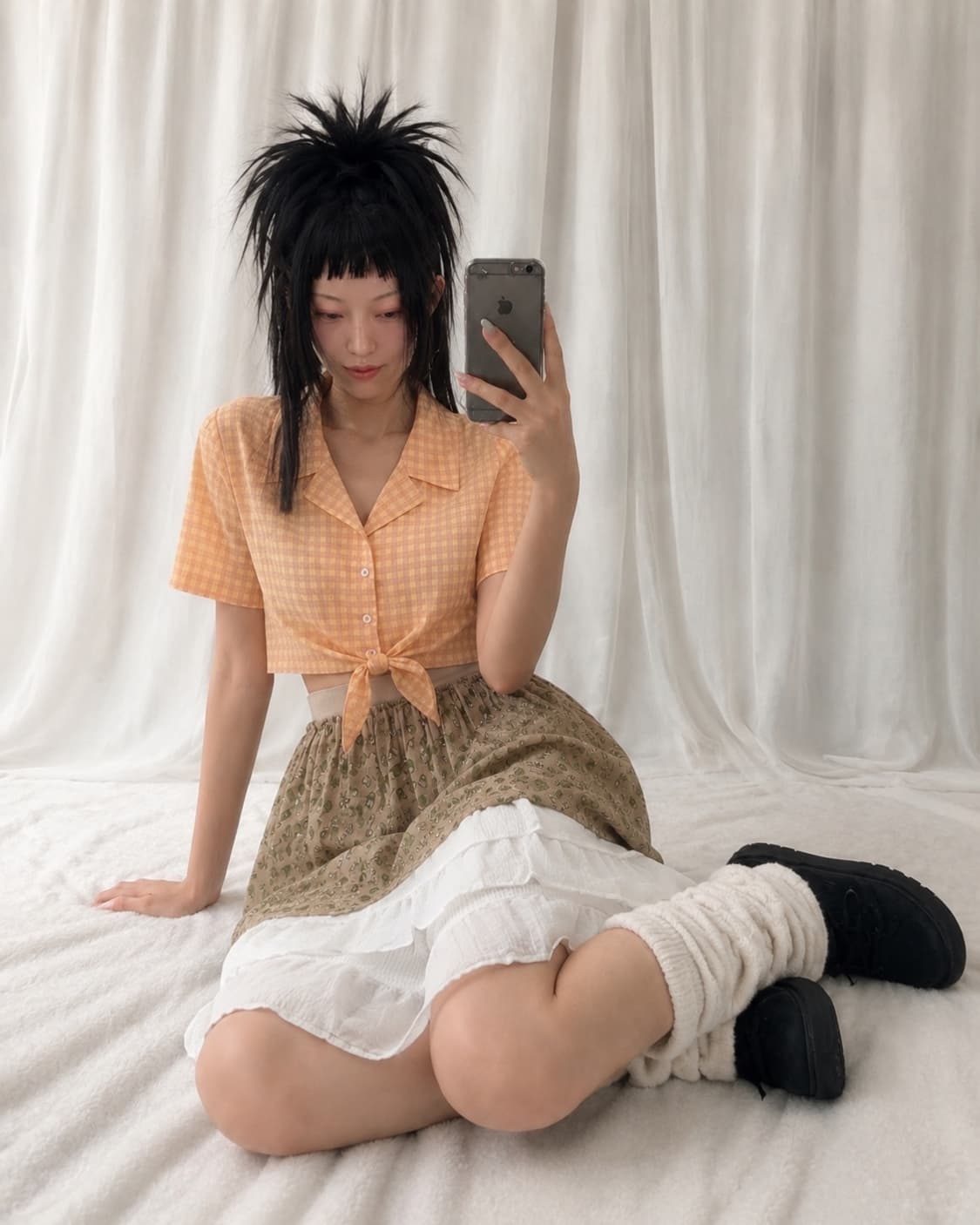 오렌지 체크 무늬 코디 set 상품이미지1