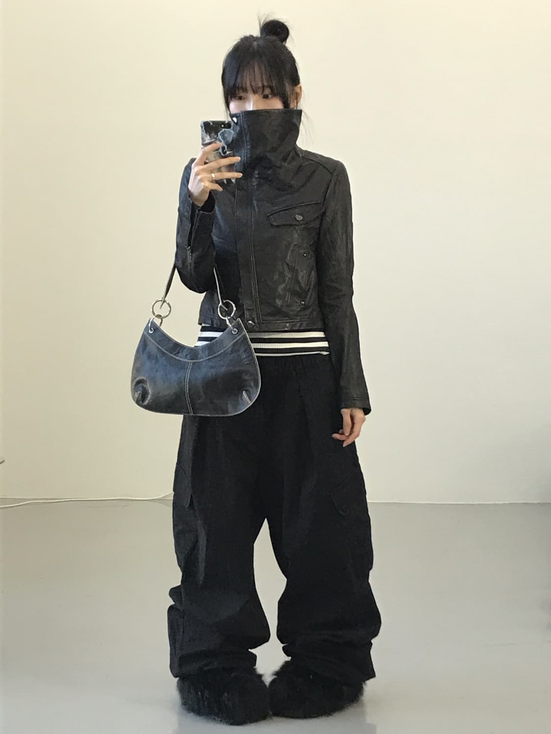 Vintage Black Hige Neck Leather Jackets 상품이미지1