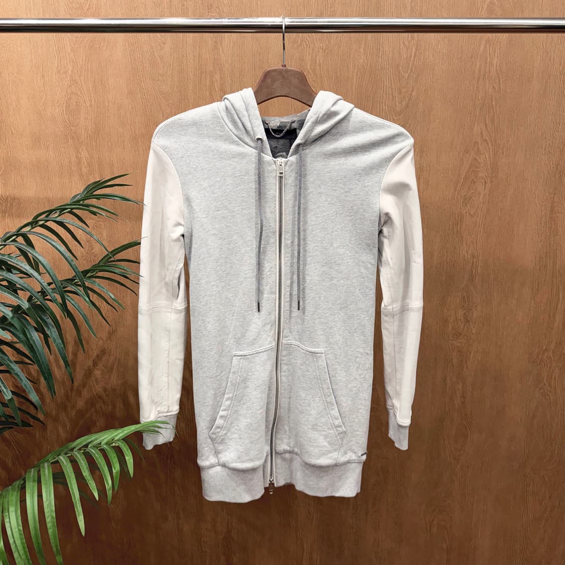 디젤 코튼 후드 집업 자켓 화이트 레더 슬리브 배색 스트링 디테일 그레이 상품이미지1