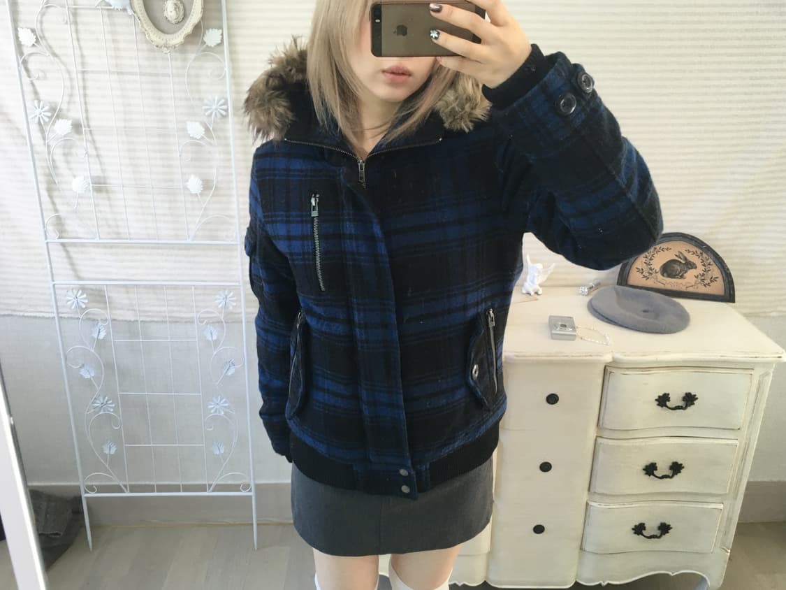 일본빈티지 블루 블랙 체크 후드 패딩 점퍼 상품이미지2