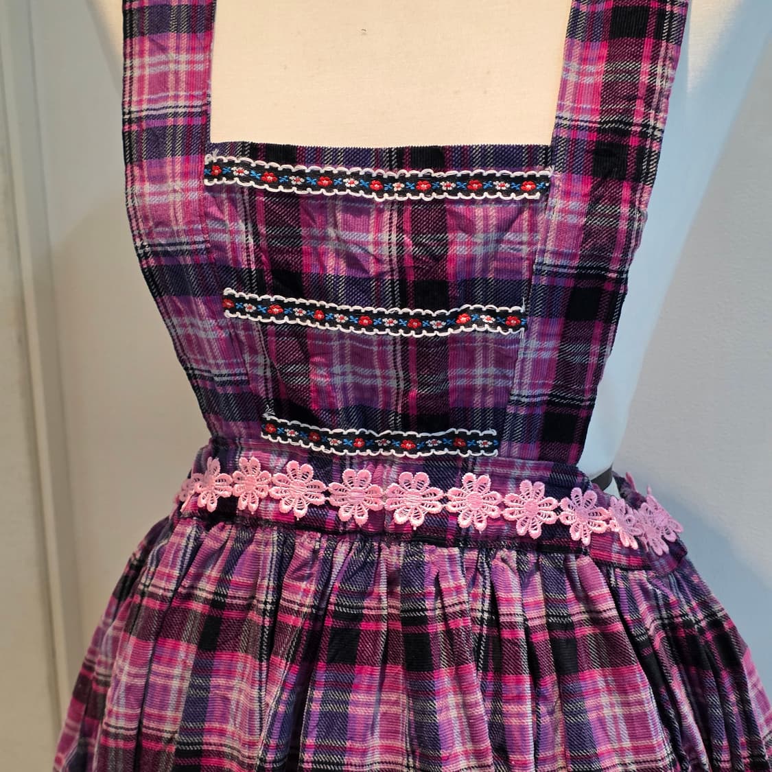핑크x퍼플 체크패치워크 꽃자수 모리걸 앞치마깔st 롱원피스 상품이미지3