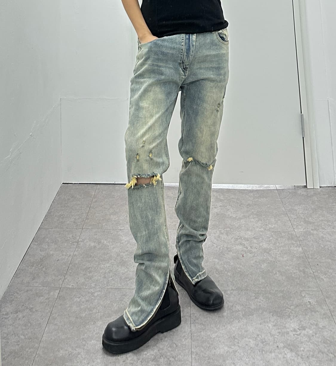 Vintage yellow washing destroyed jeans 상품이미지7