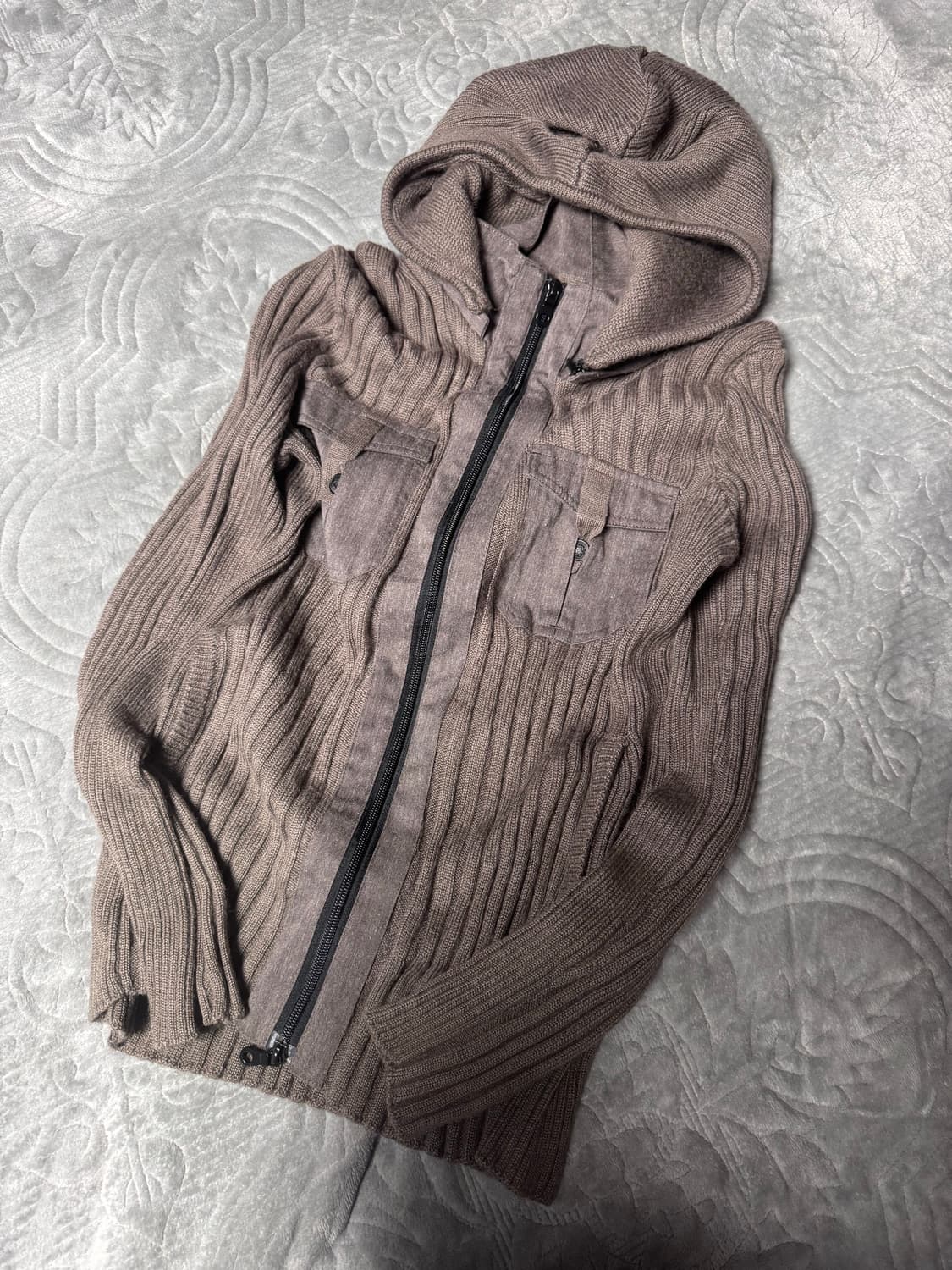 빈티지 카키 포켓 후드 니트 집업 상품이미지1