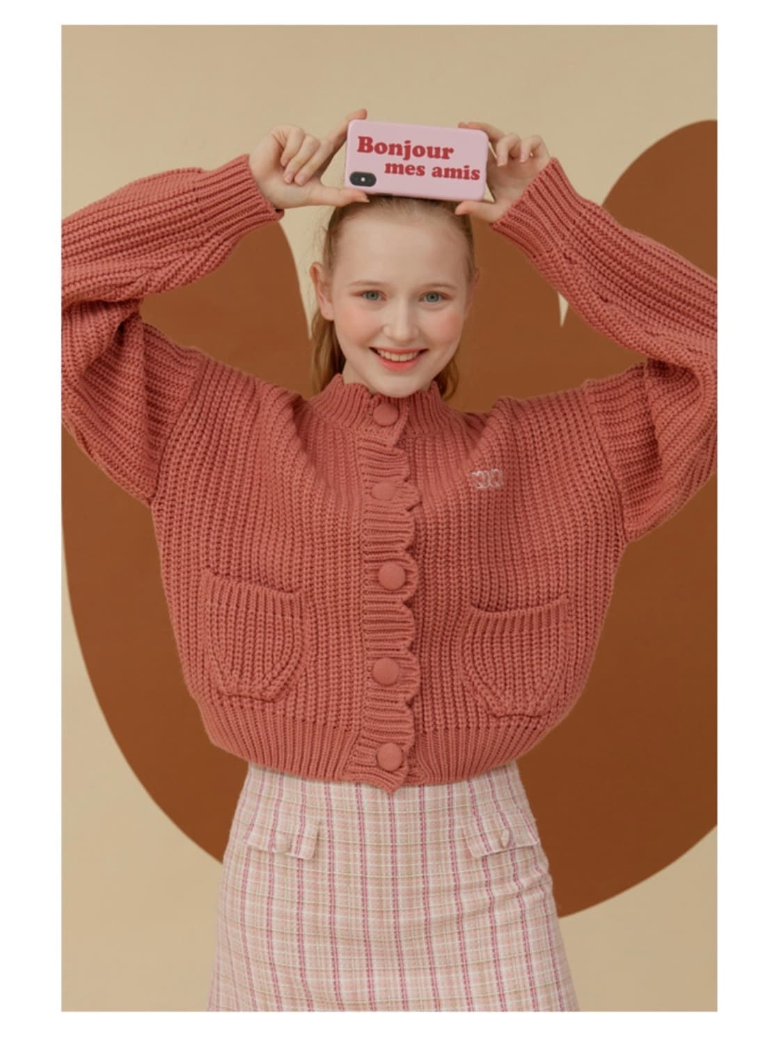 oioi 오아이오아이 컬렉션 케이블 라운드 커브 퍼프 핑크 니트 가디건 상품이미지1