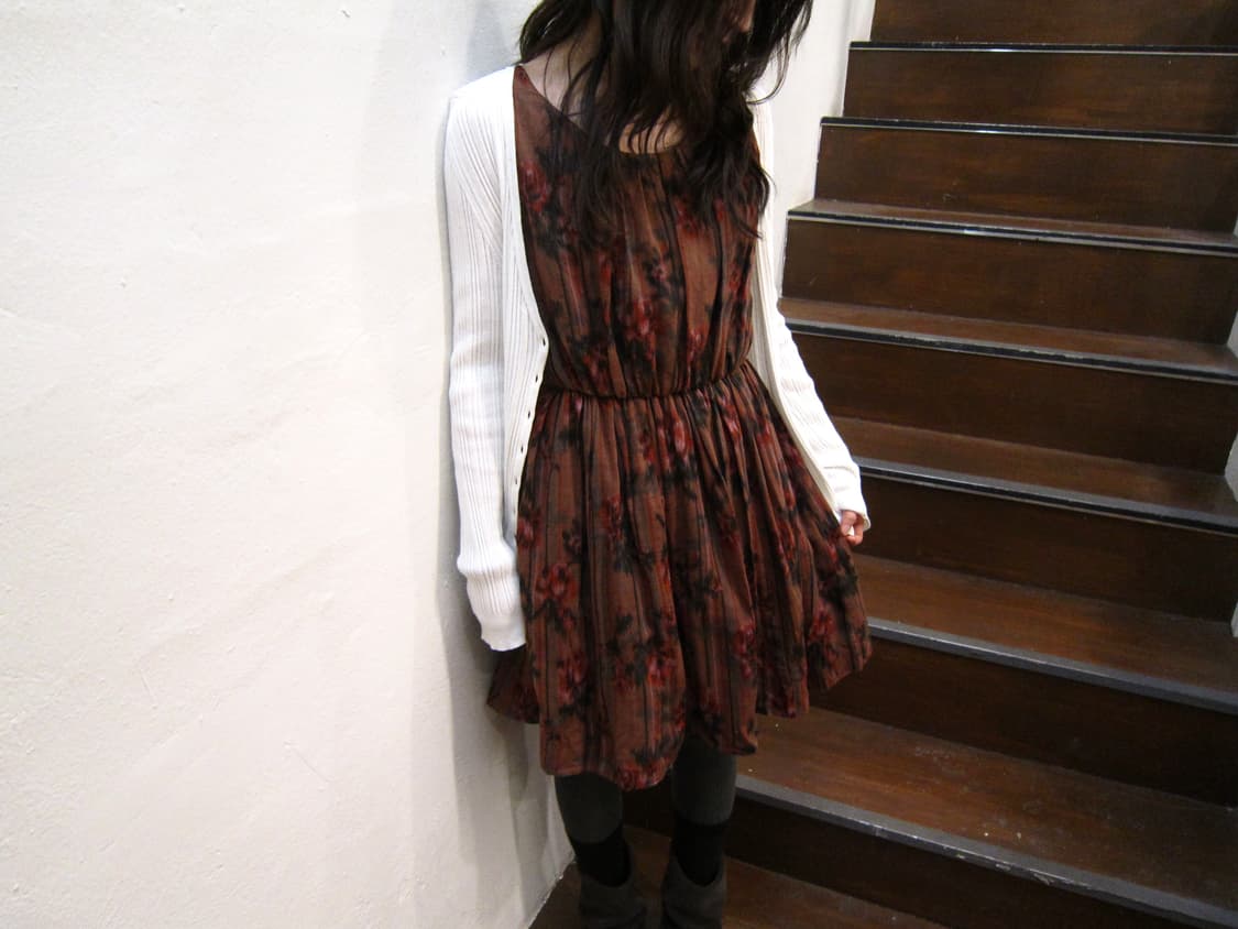 빈티지 슬리브리스 미디 원피스 플라워 패턴 허리 밴딩 디테일 버건디 상품이미지6