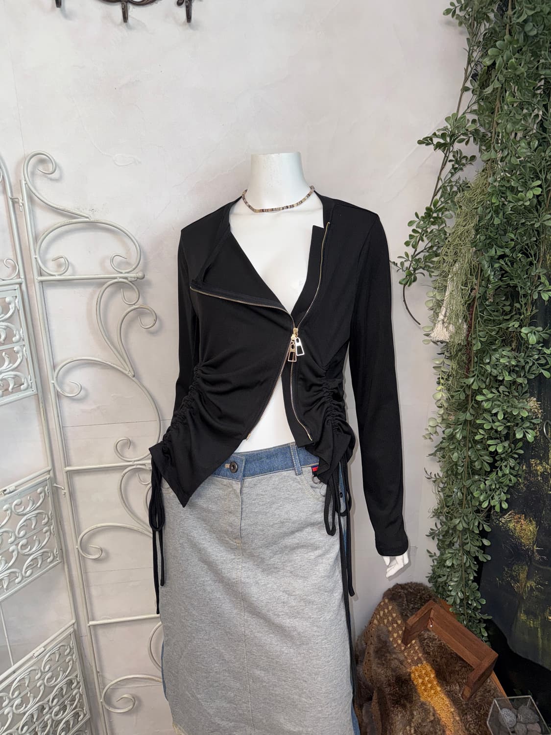 Black side shirring two way zipup 상품이미지2