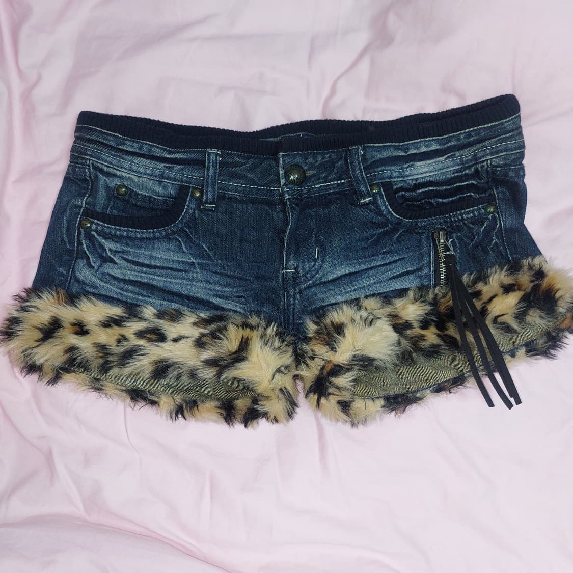호피 레오파드 태슬 지퍼 데님 퍼 반바지 갸루 펑크  숏팬츠 상품이미지1