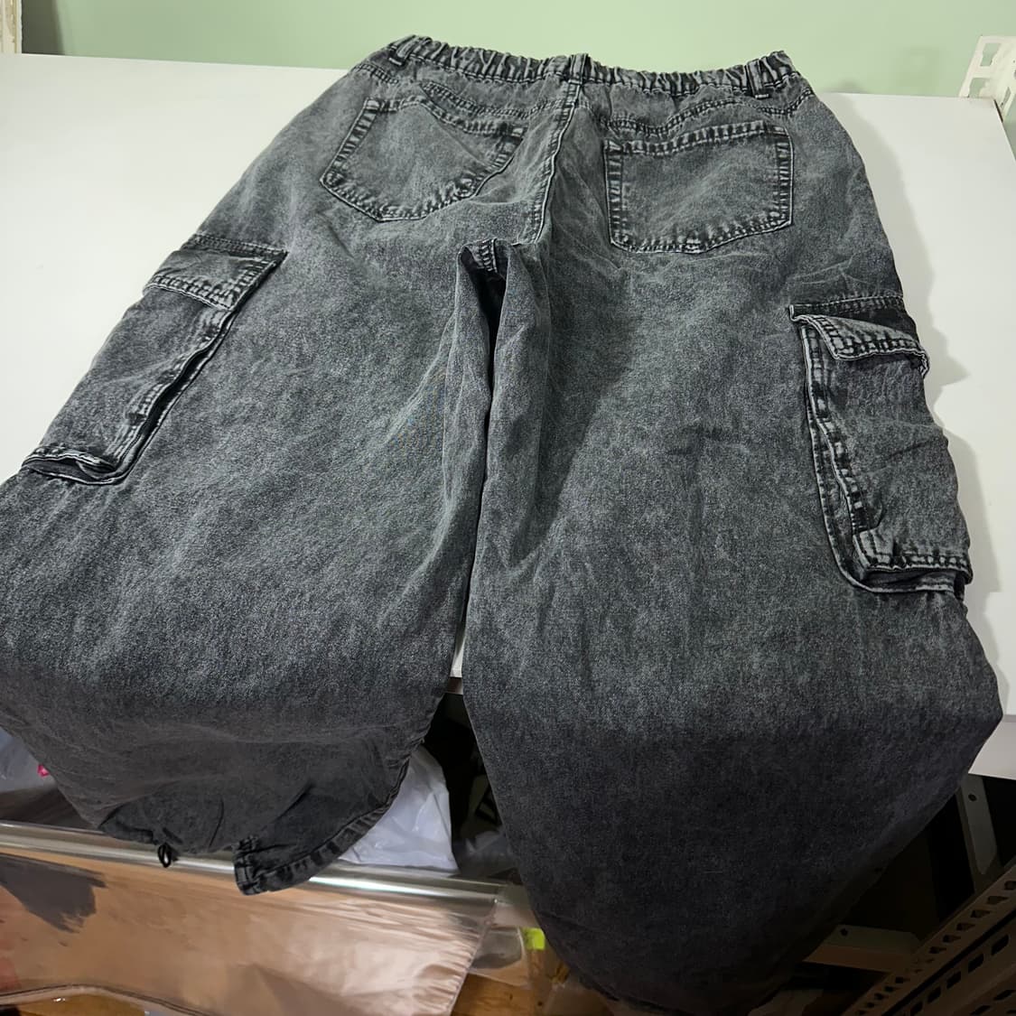 M-L 빈티지 루즈핏 빈티지블랙 워시드 밑단스트링 밴딩 카고팬츠 상품이미지5