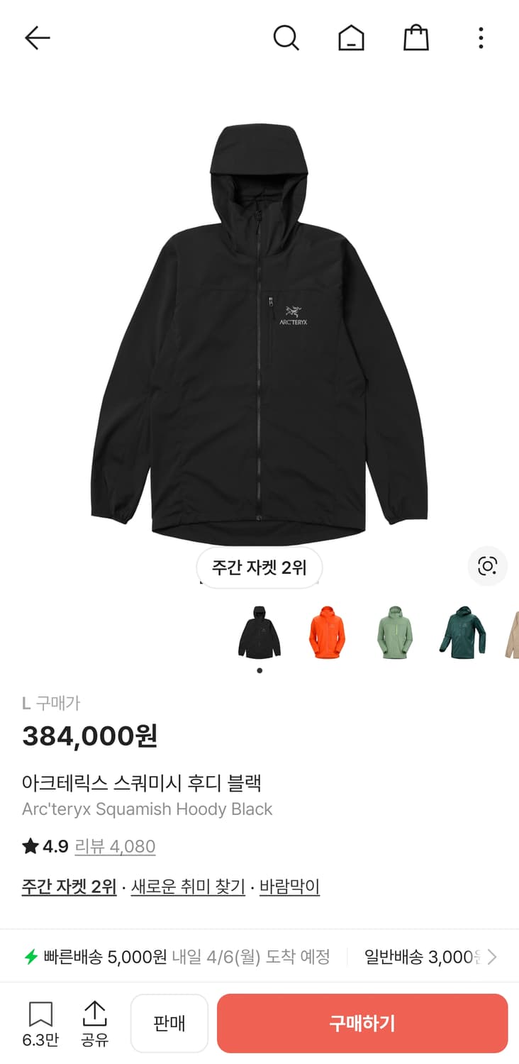 아크테릭스 스쿼미시 후디 블랙 L 상품이미지1