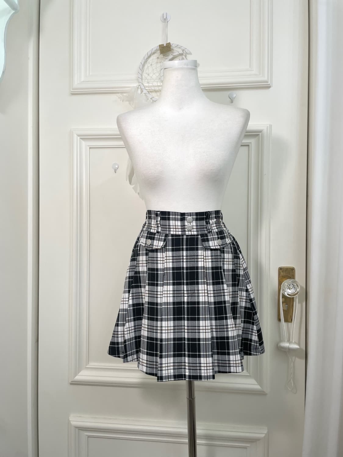 black white check button pleats mini ski 상품이미지1