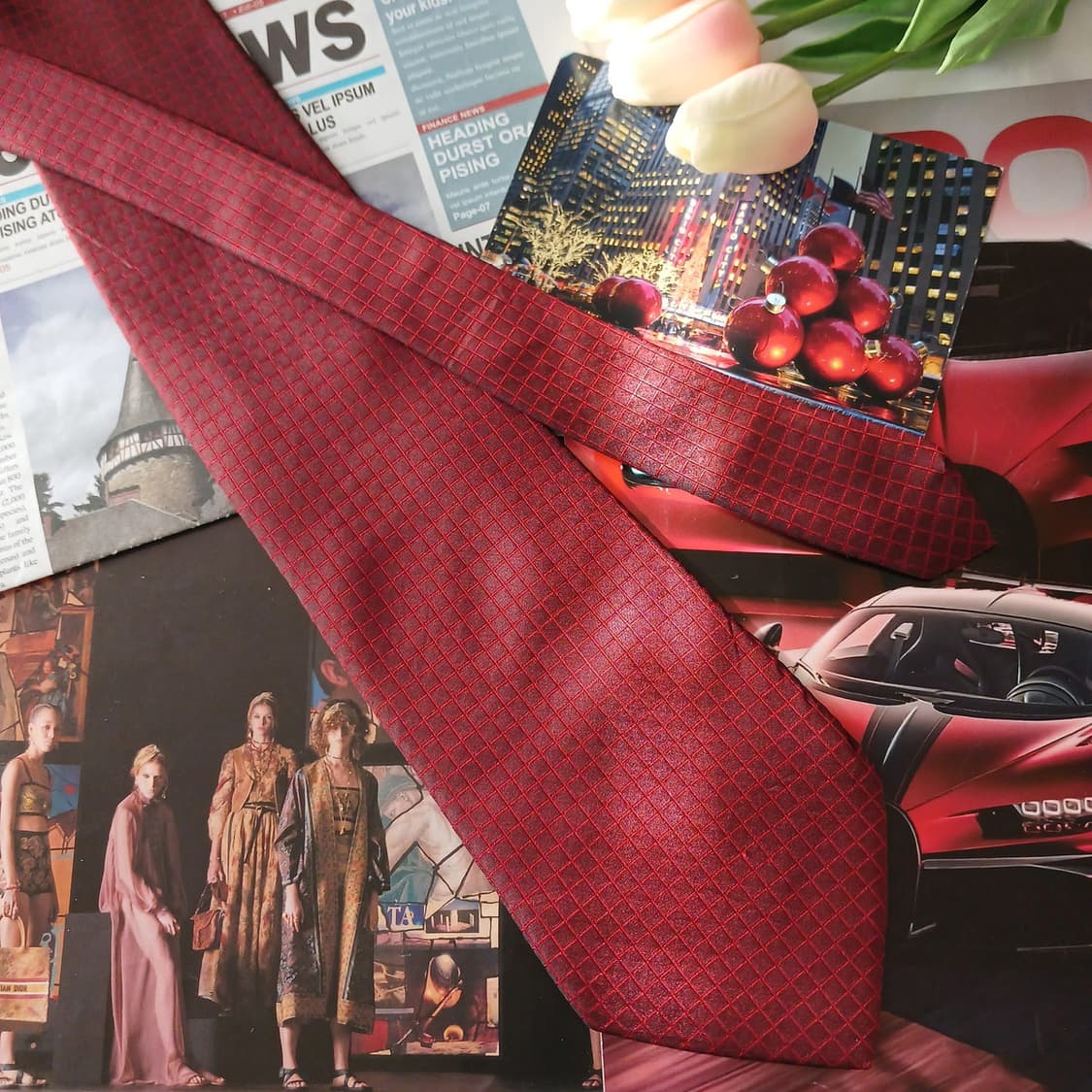 세루티 1881 실크 버건디 체크 넥타이 10.1cm A등급 A18825 상품이미지3