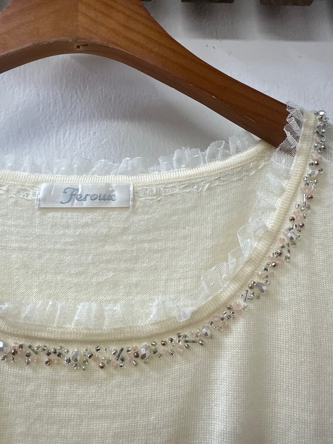 일본빈티지 FEROUX 울 100% 비즈 디테일 반팔 니트 탑 상품이미지2