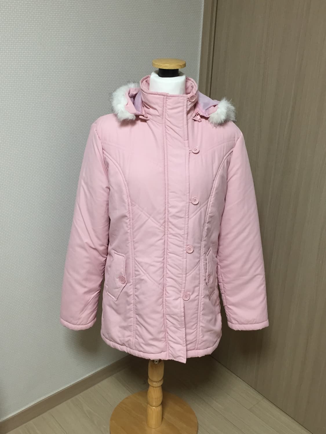 빈티지 핑크 퍼 후드 경량 패딩  상품이미지1