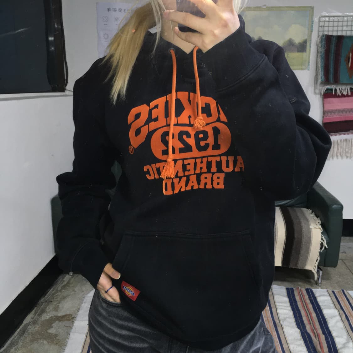 투티/0261 디키즈 1922 기모 후드티 블랙 오렌지 스웨이드 패치로고 상품이미지3