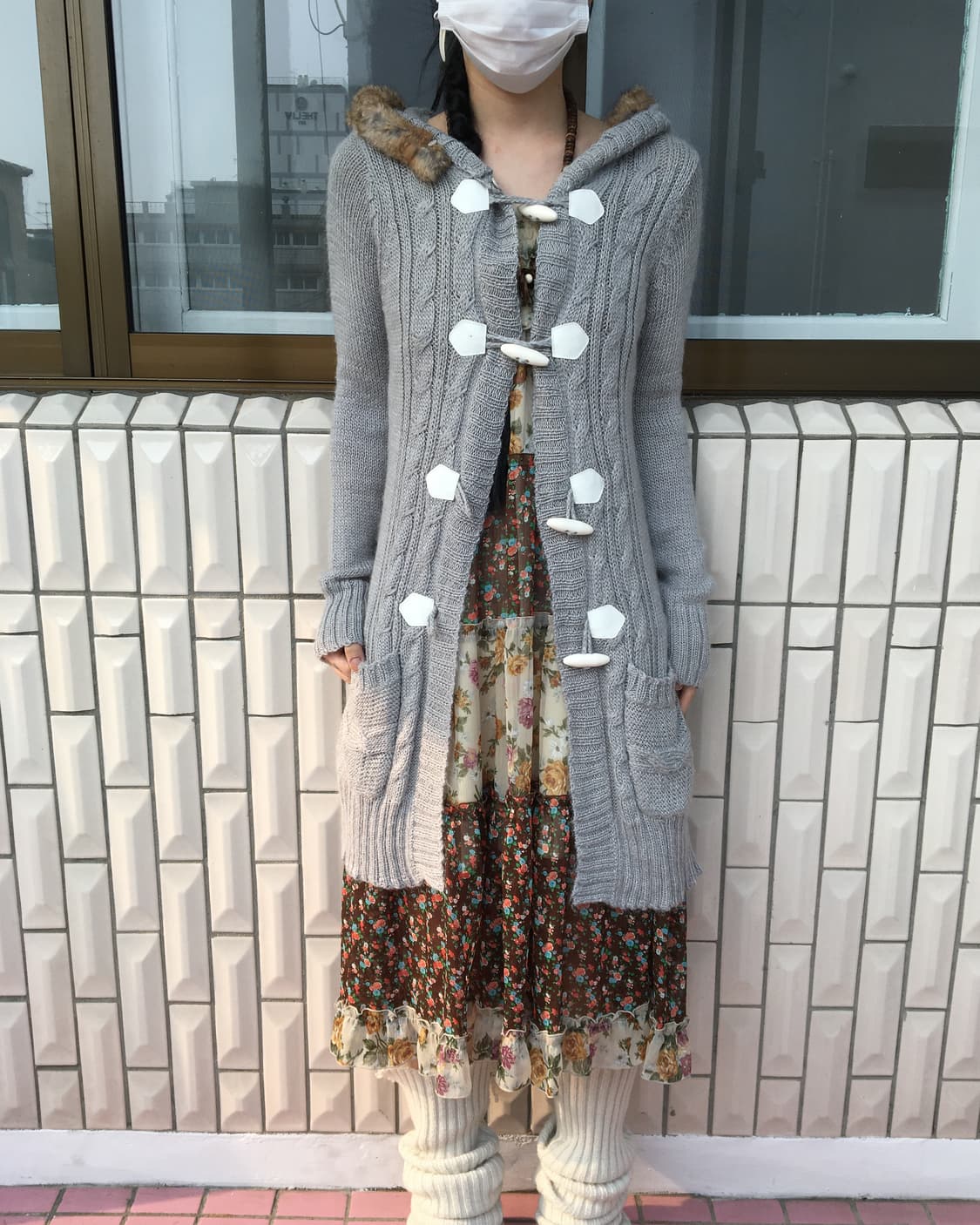 Fur trimming hood duffle button knit car 상품이미지1