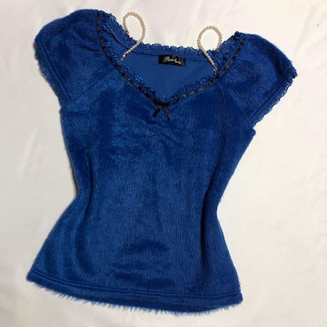 리본 퍼 퍼프 슬리브 탑 블루 상품이미지2