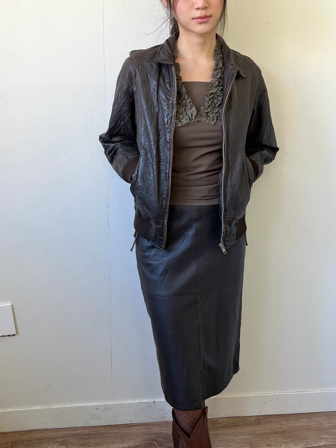 90‘s THREE MEN 브라운 레더자켓 상품이미지4