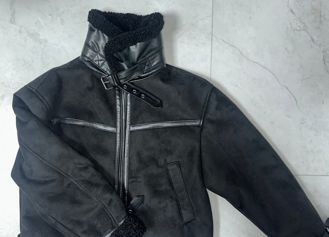 레더리 오블리크 스웨이드 무스탕 자켓 블랙 상품이미지4