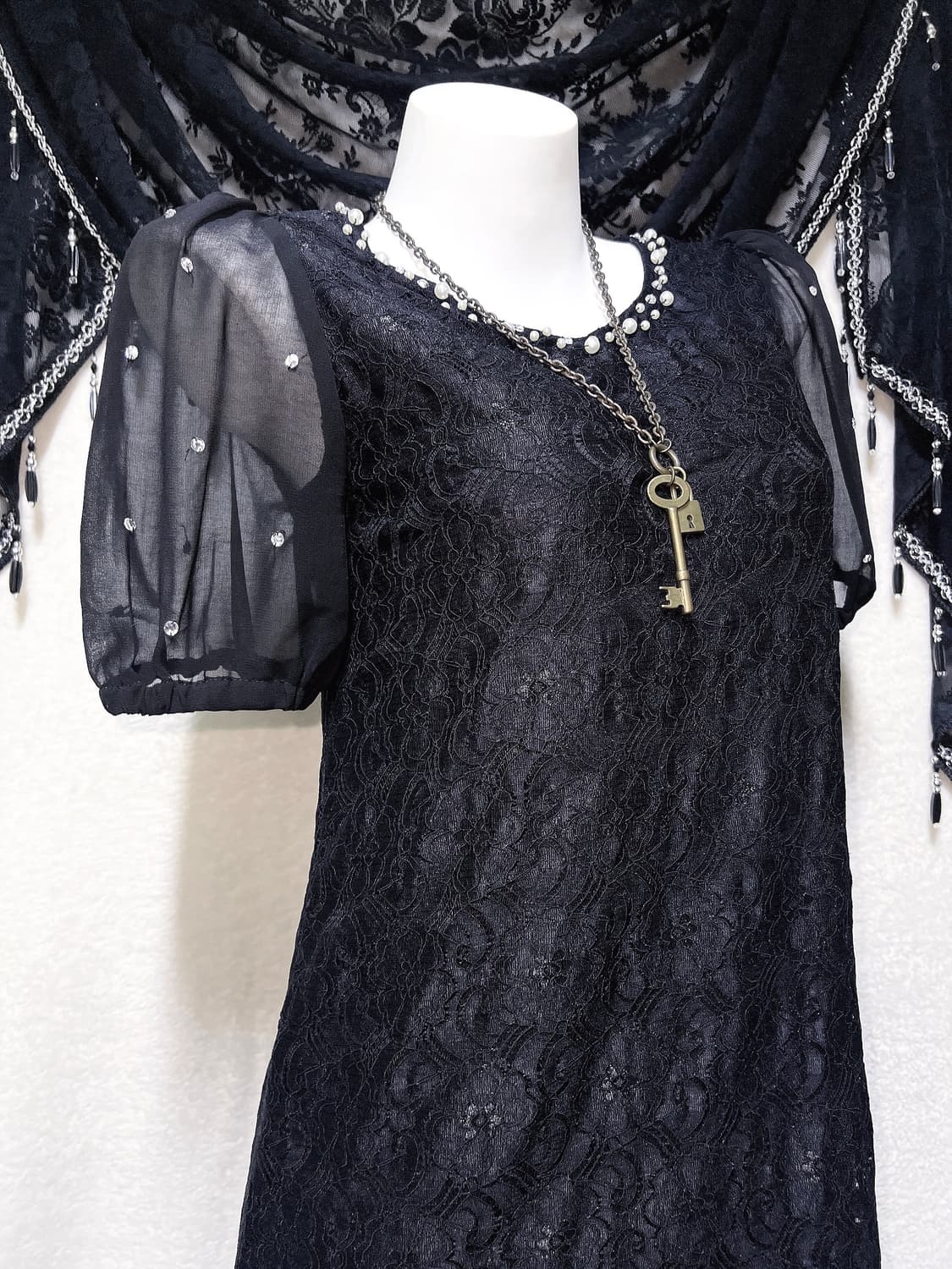 로맨틱고딕 고스 퍼프숄더 큐빅 블랙 레이스 드레스 원피스 다크페어리 핀터 상품이미지4