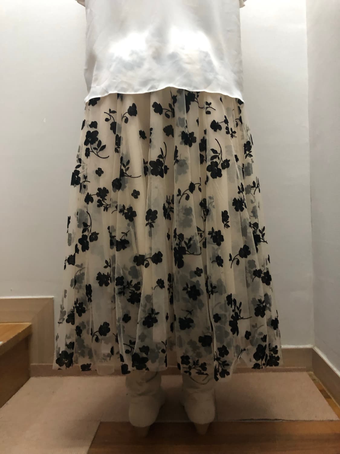 빈티지 베이지 블랙 플라워 레이스 스커트 상품이미지6