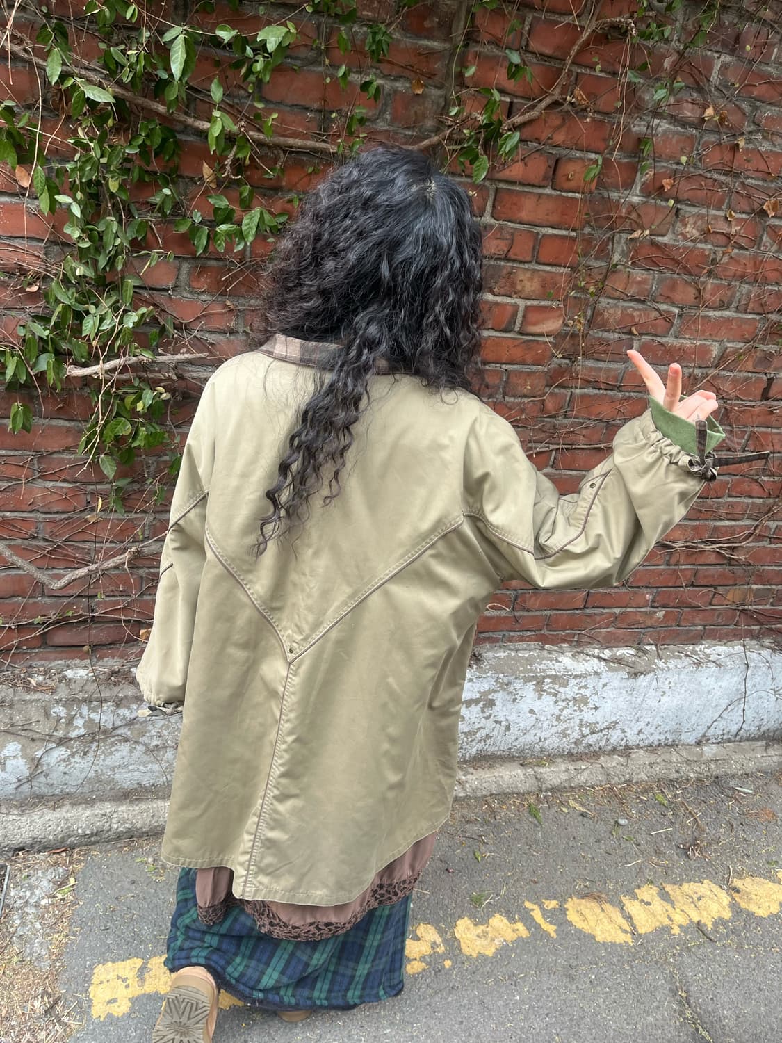 카키&그린 체크 패턴 양면 롱 재킷 상품이미지4