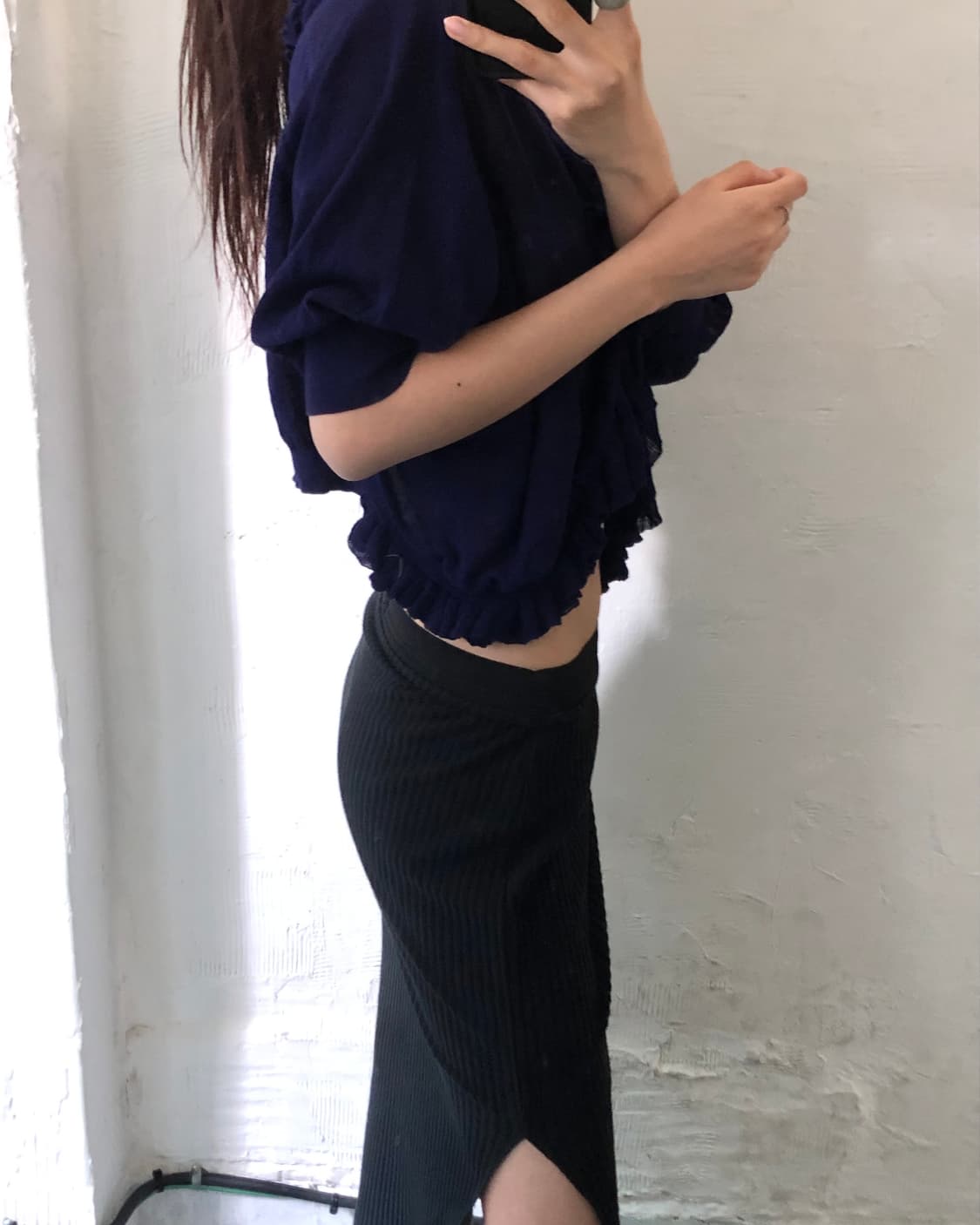 츠모리치사토 네이비컬러 러플 카라 반팔 가디건 상품이미지2